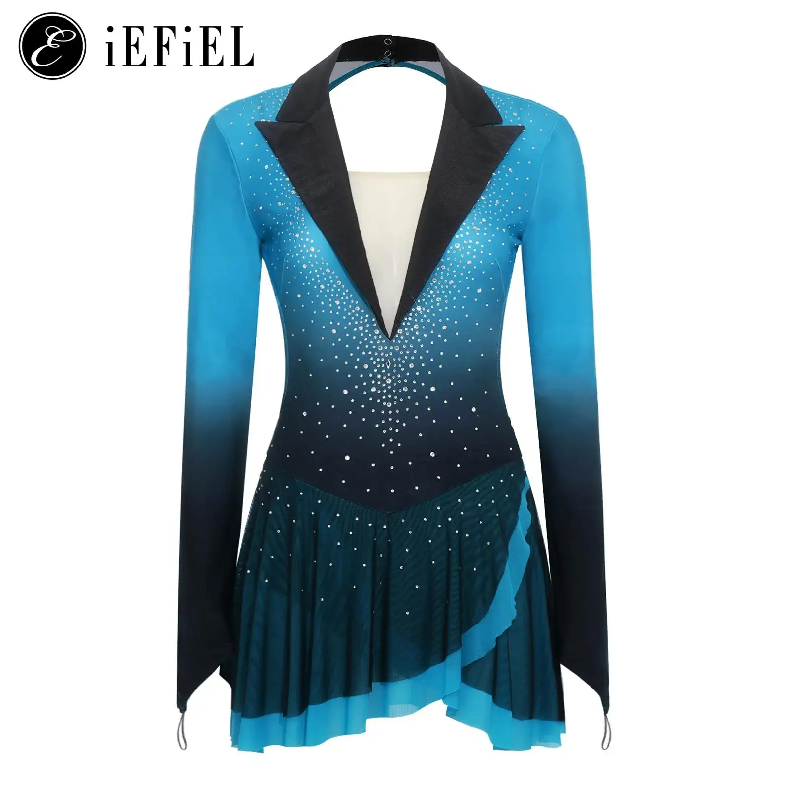 

Women Figure Skating Dress Rhinestones Gymnastics Ballet Bodysuit Dress Long Sleeve Backless Color Block Mesh Gradient Dresses