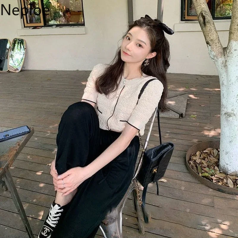 Neploe Elegant Cardigans Women Blouses Fashion O Neck Short Sleeve Knitted Shirts 2023 Summer Blusas Korean Ladies Crop Tops