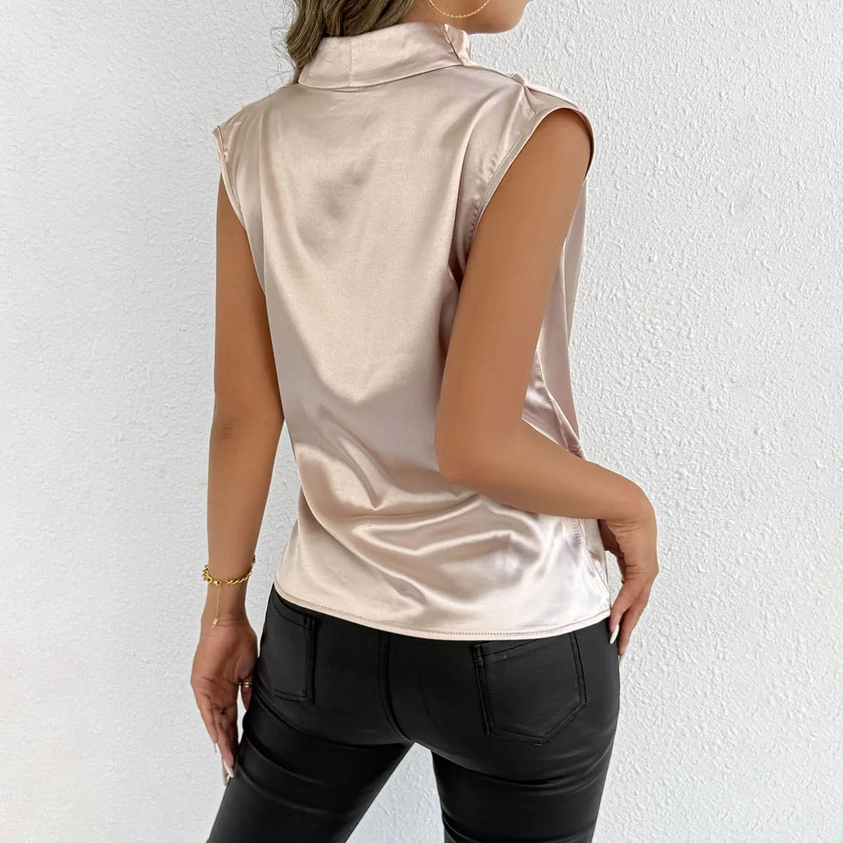 Women's Elegant Satin Sleeveless V Neck Ruffle Blouse Solid Color Slim Fit Summer Tank Top Women Clothing Female Clothes