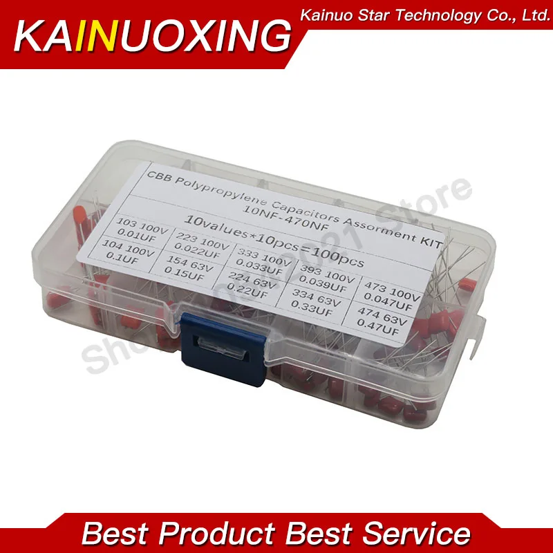 10values*10pcs=100pcs CBB 100V High Precision Stability Metallized Polyester Film Capacitor Assortment Kit Set box 10nF - 470nF