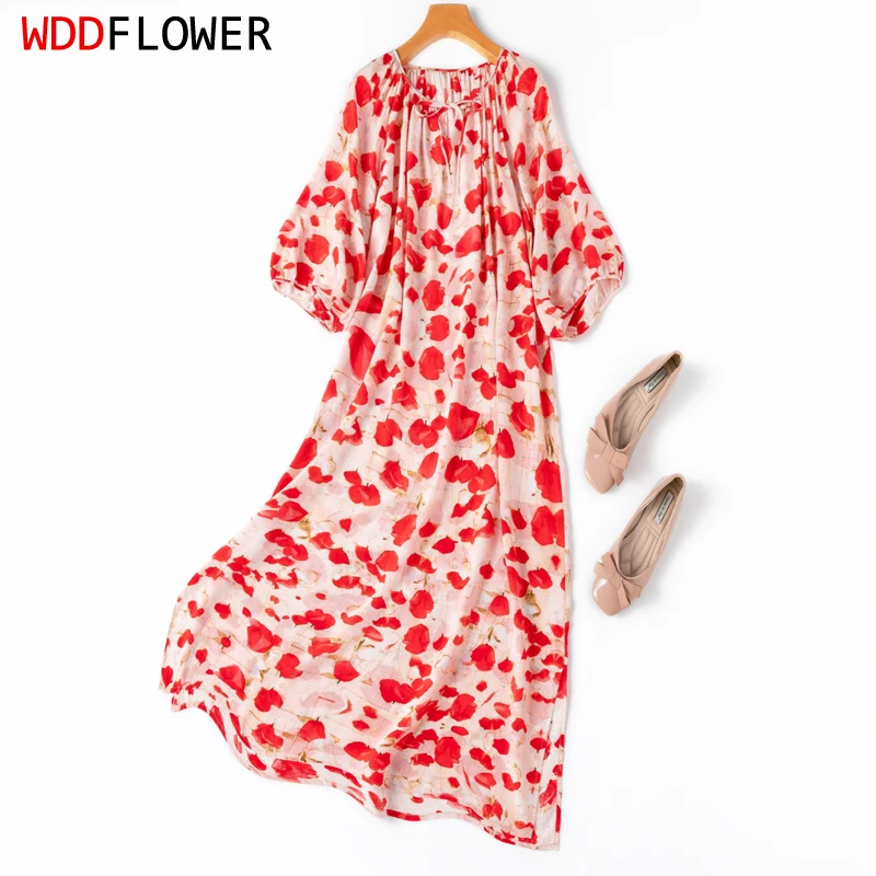 

Women Silk Midi Dress 100% Mulberry Crepe Silk Pink Floral Printed Loose Type O Neck A-line Half Sleeve Long Dress M1095