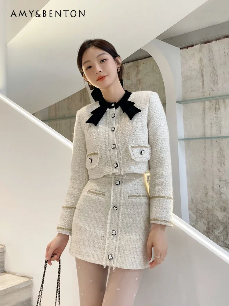 Socialite Temperament Tweed Skirt Sets Women Autumn Winter New High-end Woven Short Coat High Waist Mini Skirt Two-piece Set