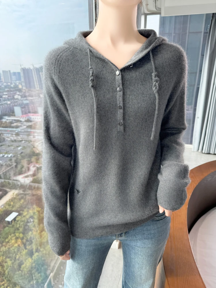 Fashionable 100% Merino Wool Sweater Women's Hooded Knitted Pullover Soft Long Sleeve Cashmere Autumn Winter for Clothing Top