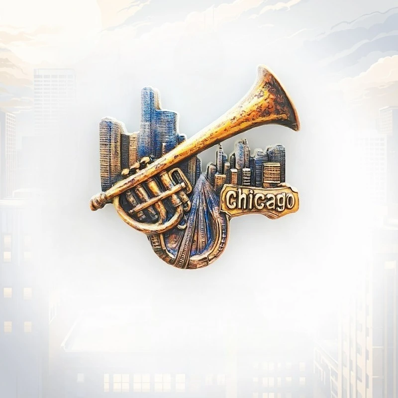 

Chicago Trumpet Fridge Magnet - 3D Jazz Music Souvenir Illinois Travel Gift Unique American Decor with Strong Magnet
