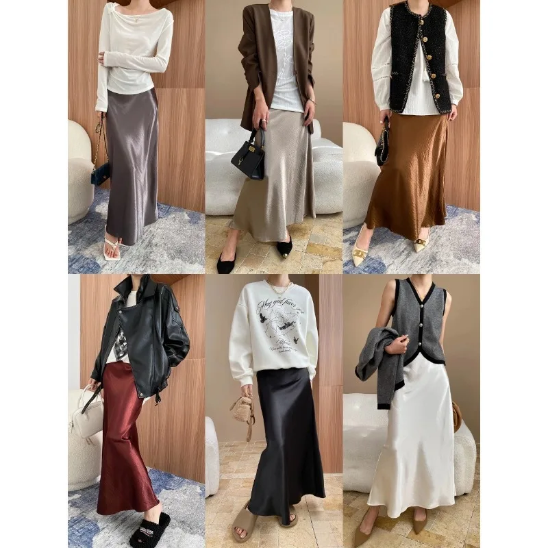 Rokken Vrouwen Lange Rok Een Lijn Slim Fit Feest Satijn Nacht Avond Sexy Hoge Taille Elegante Splice Y2k Streetwear Werk 2025, Herfst