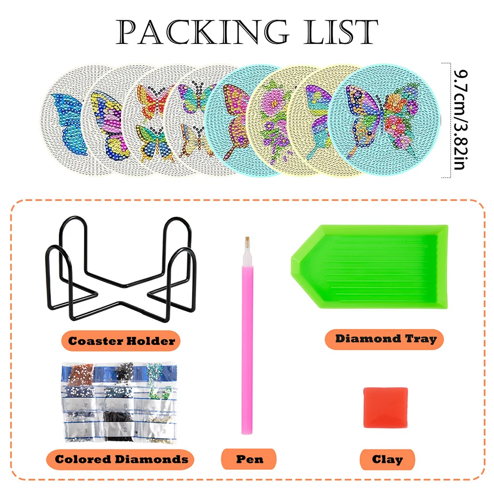 8 Pieces/set With Bracket Diamond Painting Coaster, DIY Butterfly Series Pattern Diamond Painting Coaster, Art Craft Gift view 2