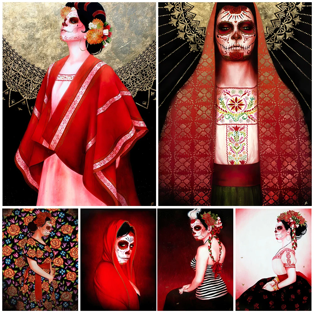 

Mexican Death Day Colorful Ghost Face Girl Wall Art Canvas Painting Home Decoration Day Of The Dead Girle Poster Prints Unframed