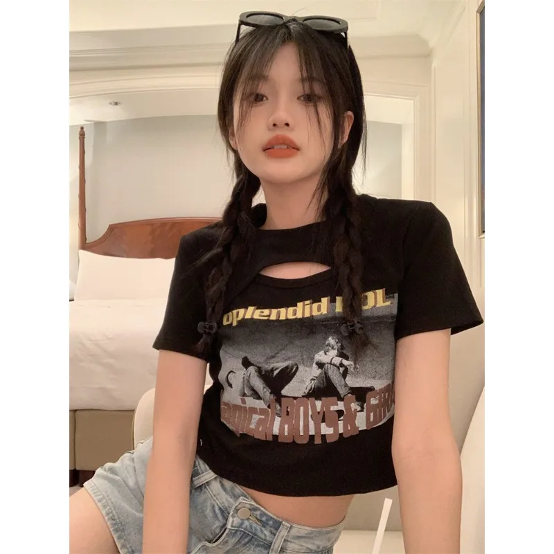 الجوف خارج المحاصيل الأعلى قصيرة الأكمام طاقم الرقبة تي شيرت تقليدي الصيف موضة المحملة للنساء Y2K مثير الأعلى كل مباراة الشارع الشهير جديد