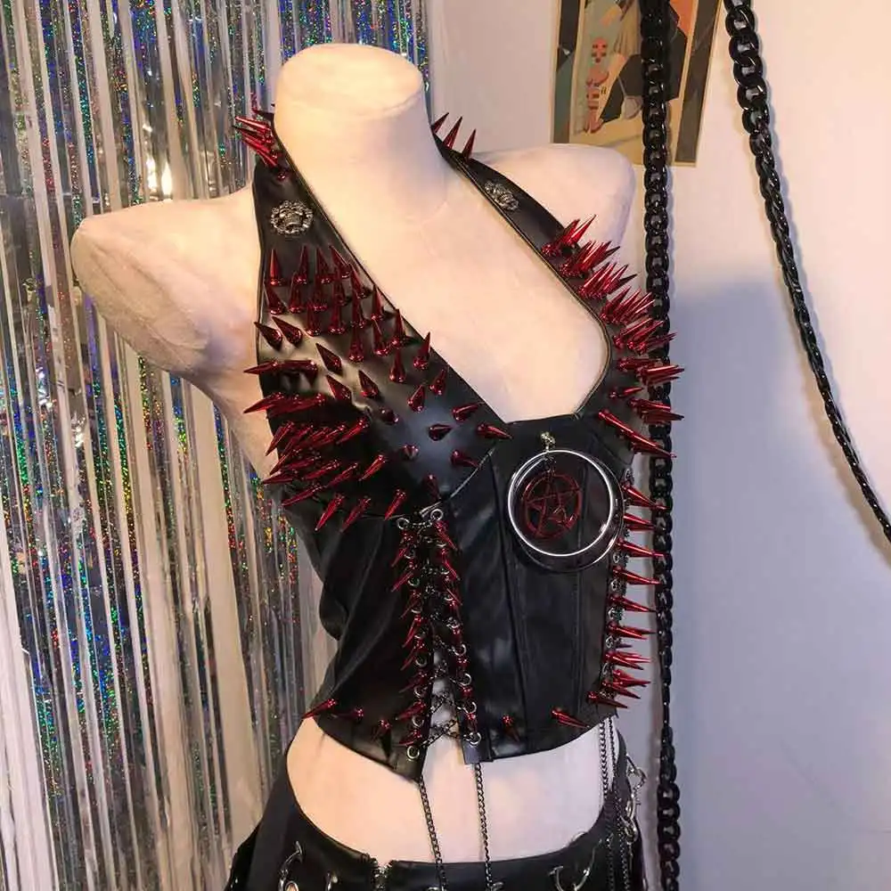 

Grunge Cyber Eco Goth Cummerbunds Punk Rock Teen Studded Rivet DIY Gothic 90s Skull Y2K Tanks TOPS E-Girls Emo Hand Made