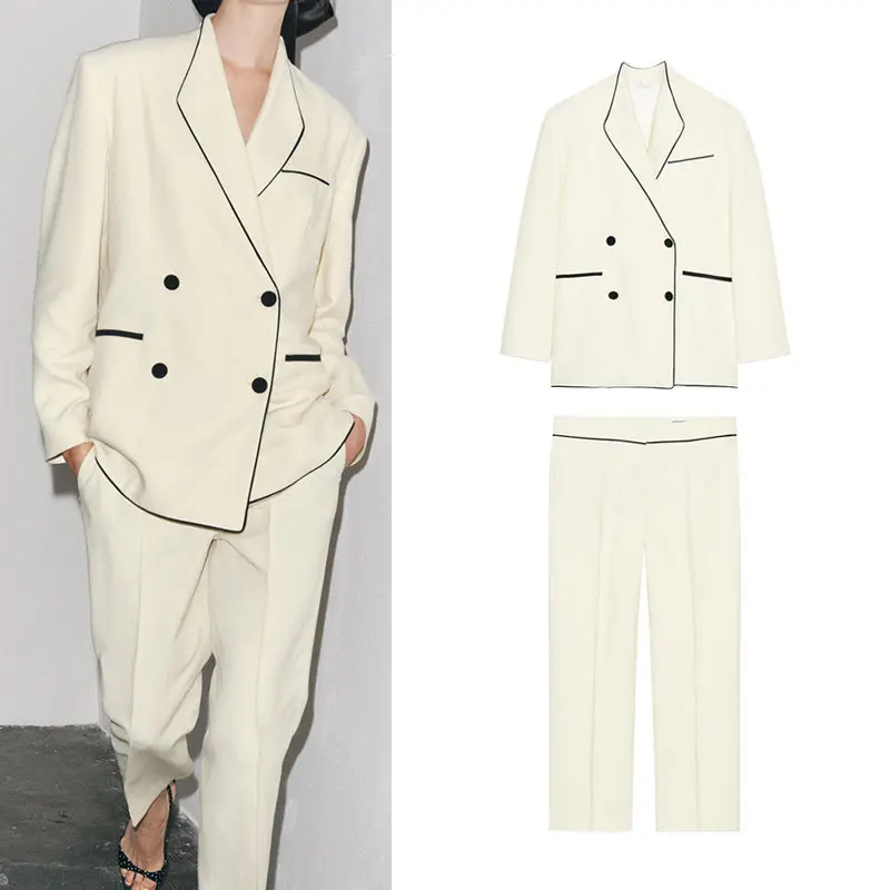 Long Sleeve Stand Collar Color Block  Suit Jacket Chic Women's Fashion Set with mid Waist Color Block  Pants for Autu...