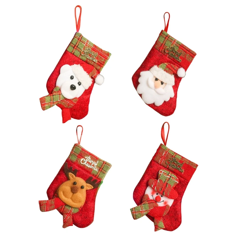 Christmas Stocking Hanging Sock Mini Plaid Santa Snowman Reindeer Gift Candy Bag