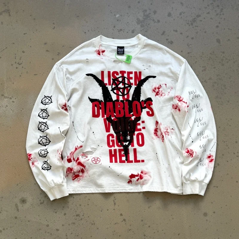 Latest Hip-Hop Voice of the Devil Hand-drawn Ink Wash Handmade Distressed Fall Loose-fit Vintage