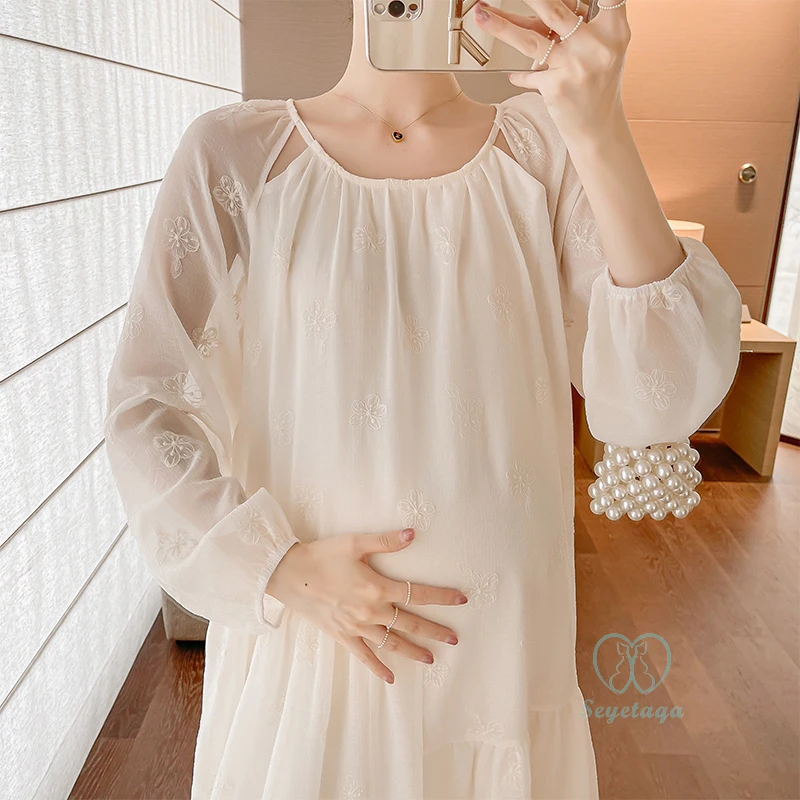 

Embroidery Maternity Long Dress Irregular Patchwork Loose Clothes for Pregnant Women 2024 Spring Fashion Cute Pregnancy Dresses