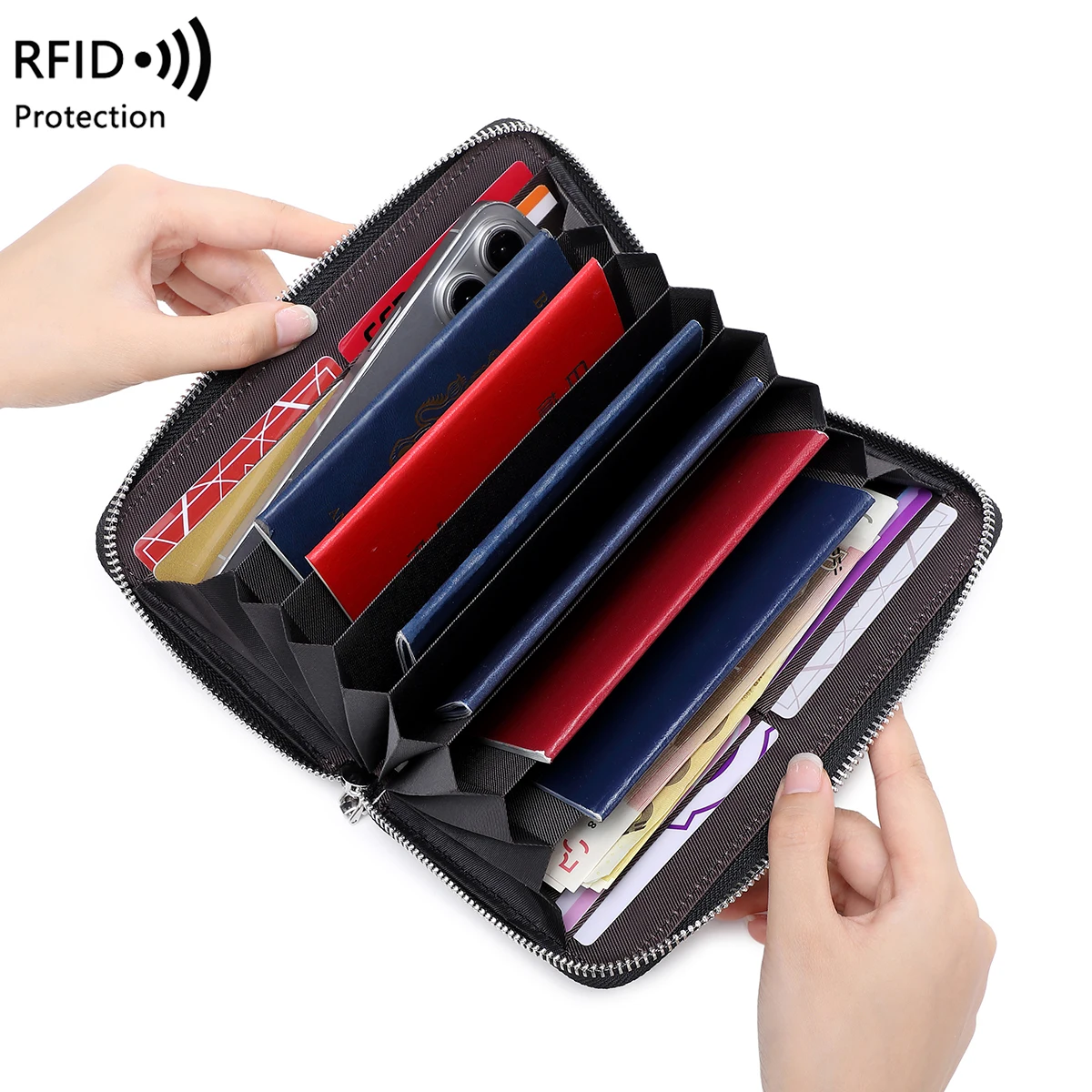 RFID Anti-blocking Head Layer Cowhide Wallet for Women, Multi-Layer organ Bag, Large Capacity Passbook Long Leather Wallet