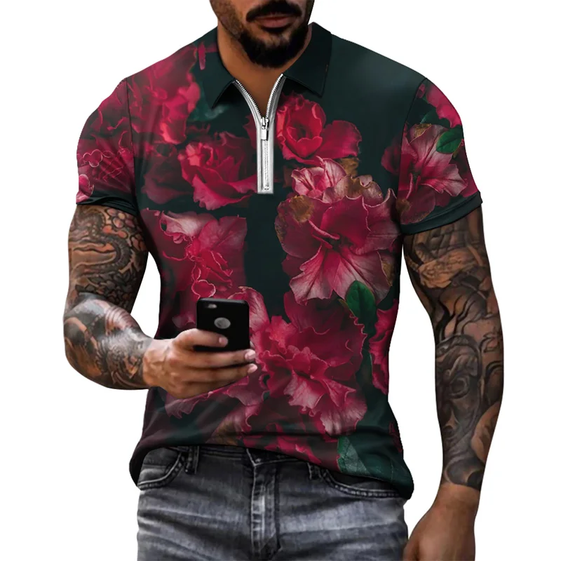 Summer Men's Polo Shirt Top T-shirt Short Sleeve Neckline Zipper Men 2022 New 3D Print Casual Hip Hop Hawaiian Flower Theme Polo