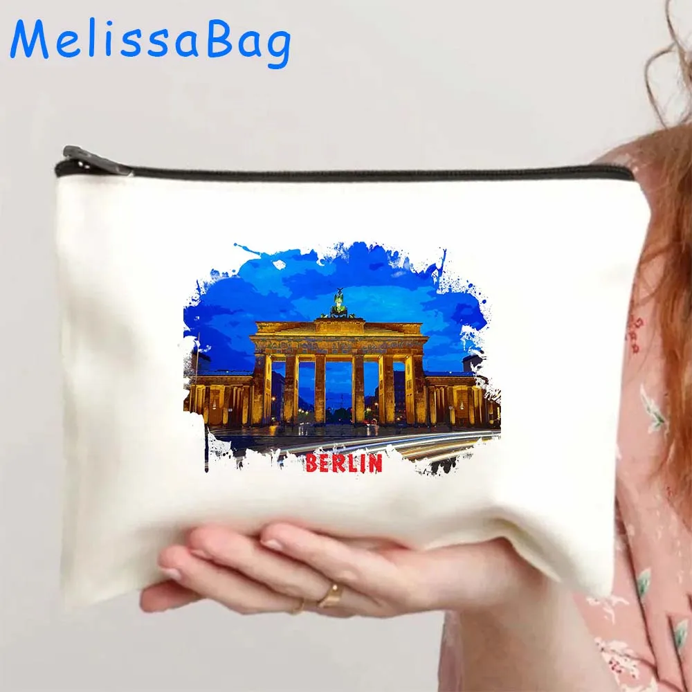 Vienna Austria Zurich Switzerland Berlin Germany Cartagena Colombia Watercolor Ink Canvas Cosmetic Makeup Bags Pencil Case Pouch