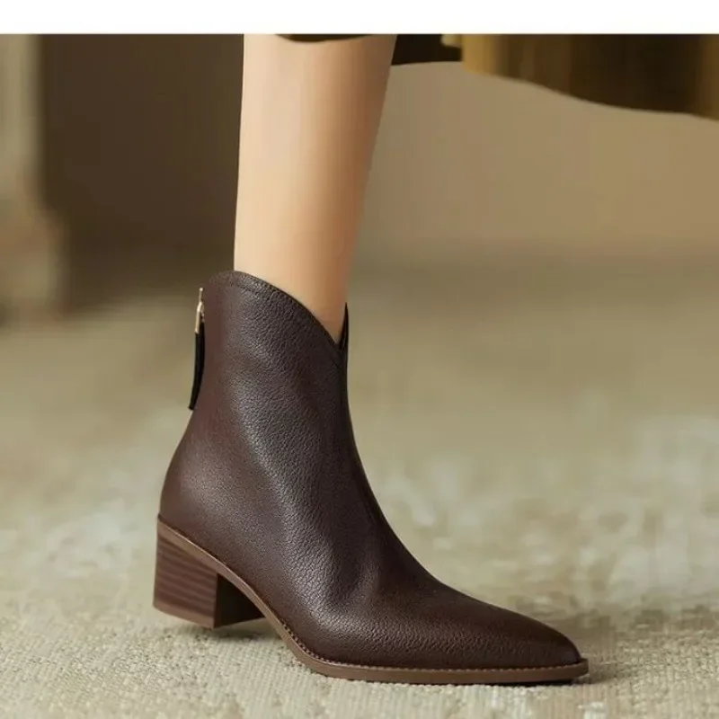 NEW Autumn Boots Women Split Leather Shoes for Women Pointed Toe Chunky Heel Shoes Retro Zipper Short Boots Apricot Ankle Boots