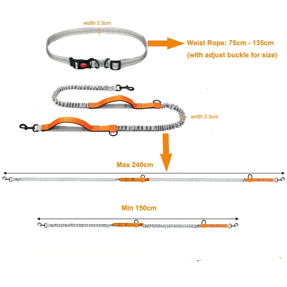 하이 번지 대형견 가죽 끈, 핸즈프리, 2 핸들 컨트롤, 듀얼 패딩, 허리 로프, 반사 개 가죽 끈