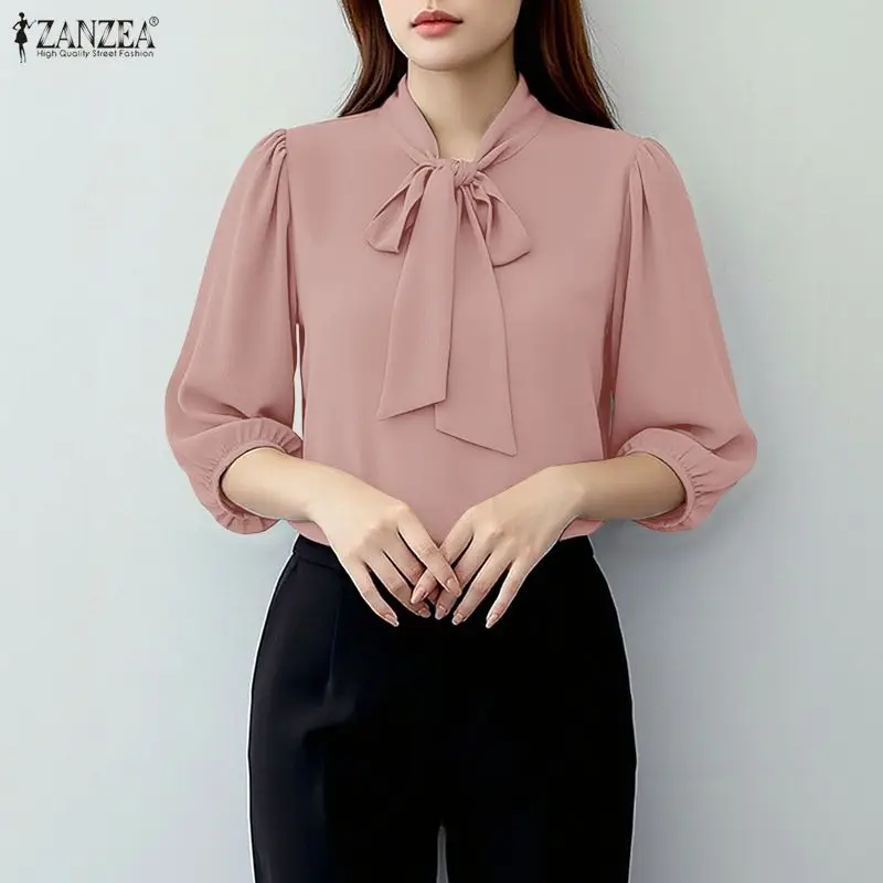 

ZANZEA 2026 Весна-Лето Элегантная женская блузка с бантом на воротнике, рукав 3/4, повседневная туника, топ для офиса, однотонная женская блуза