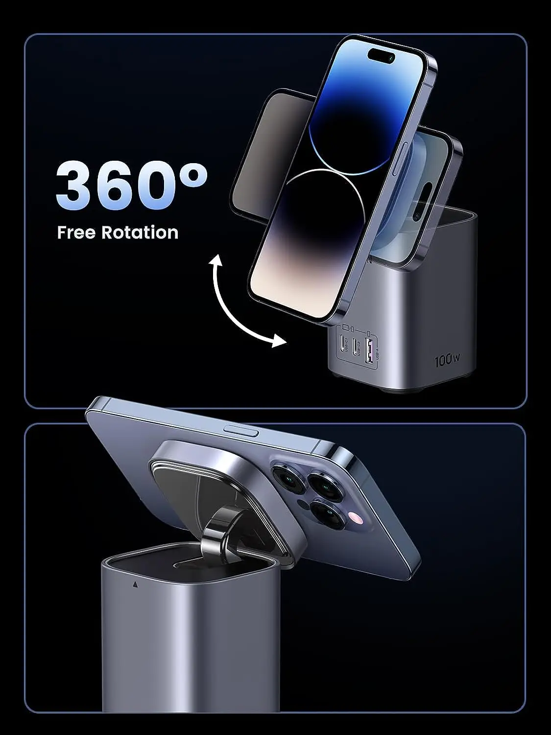 Soporte de cargador UGREEN Nexode 100W USB C cargador 4 en 1 con estación de carga rápida inalámbrica de 15W para iPhone