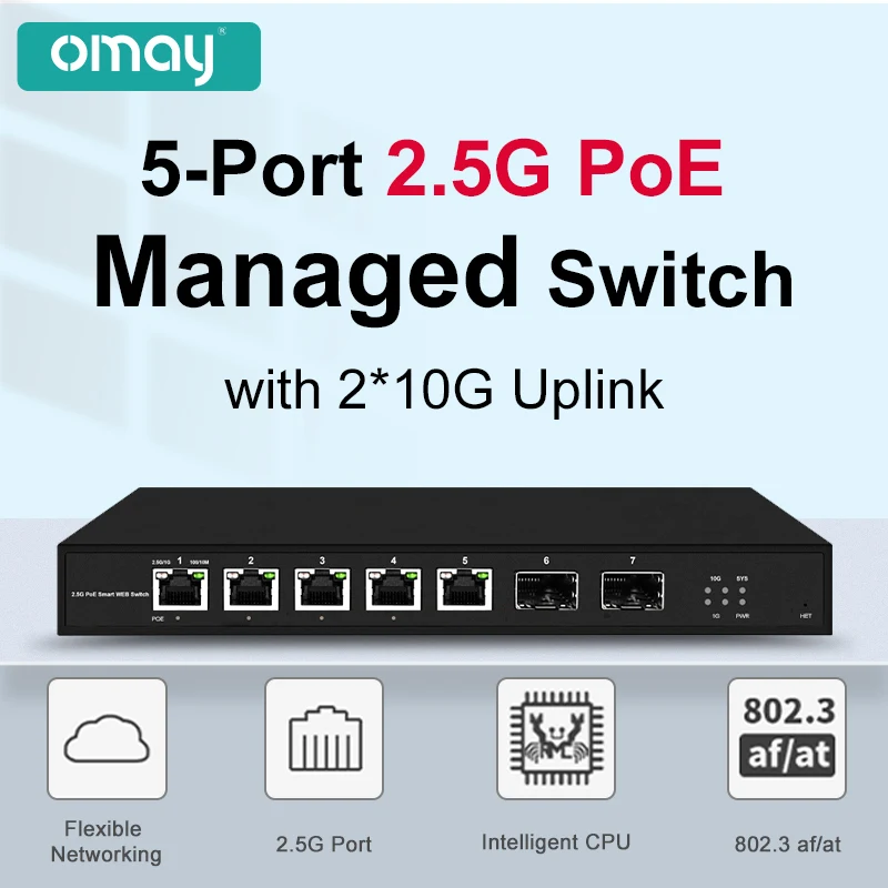 5 RJ45-poorten L2 Web Managed 1/2.5Gps PoE-switch en 2*10G SFP+ Uplink-poorten Slot 65W IEEE802.3af/at voor WiFi AP POE-camera