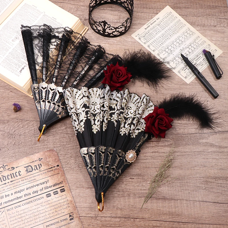 Lolita Fan Feather Rose ventaglio pieghevole stile europeo retrò placcato oro ventaglio a mano in pizzo femminile Tea Party Fans Wedding puntelli