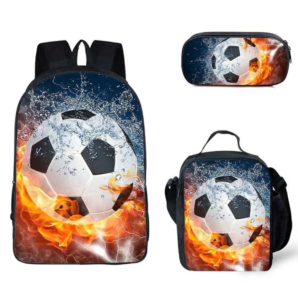 Tas punggung kartun es dan api sepak bola 3 buah/set tas sekolah motif sepak bola remaja tas makan siang pelajar Laptop tas kotak pensil