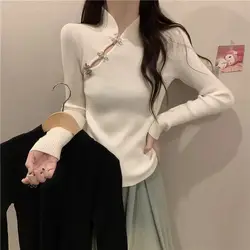 Chinese Style Mock Neck Buttons Sweater Women Autumn Winter Knitting Bottoming Shirt Temperament All-match Trend Knitwear Tops