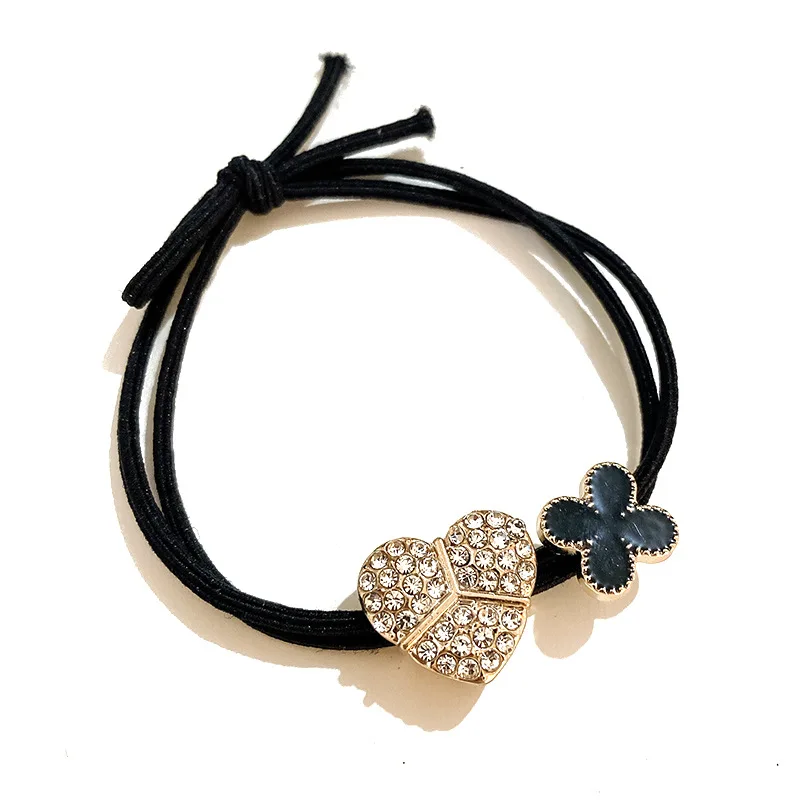 Rhinestone Love Heart Clover Plum Blossom Black Elastic Hair Ring Tie Hair Rubber Band Women\'s Hair Rope Hair Accessories