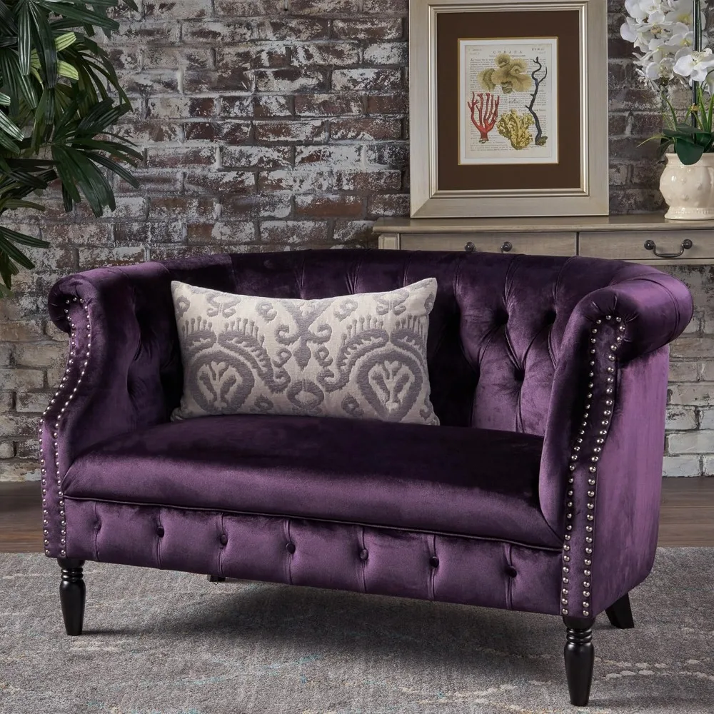 GDFStudio Melaina Tufted Chesterfield Velvet Loveseat with Scrolled Arms, BlackBerry and Dark Brown