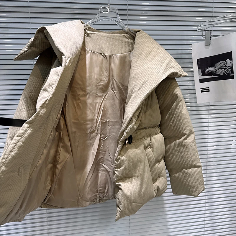 2025 inverno nuovo stile solido a righe grande bavero colletto fibbia vita calore giacca di cotone donna cappotto stile dritto allentato