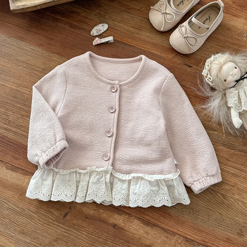

Baby Girls Lace Patchwork Jacket Round Neck Long Sleeve Single-breasted Cardigan Spring Autumn Cute Toddler Girl Clothes