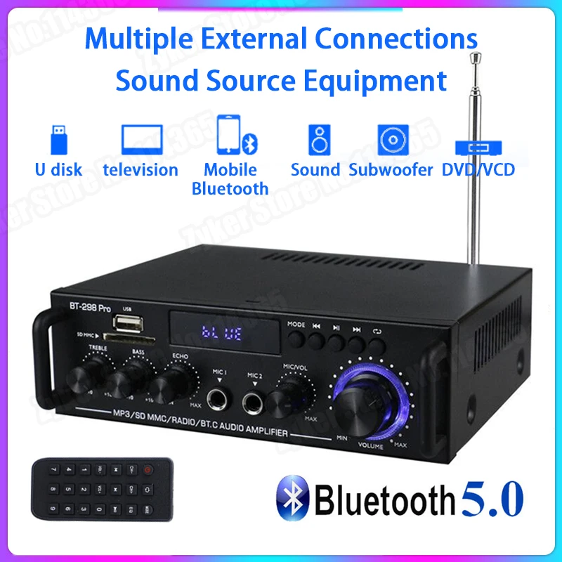 BT298 Pro AK55 HiFi Bluetooth Audio Amplifier Digital Sound Amplifier for Home Theater Channel 2.0 AMP Support 2 MIC FM MAX 800W