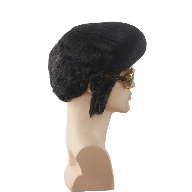 Rock and Roll Elvis Presley Cosplay Wig Daily Wear Melt Fibers Masquerade Party Stage Performance Black Short Hair