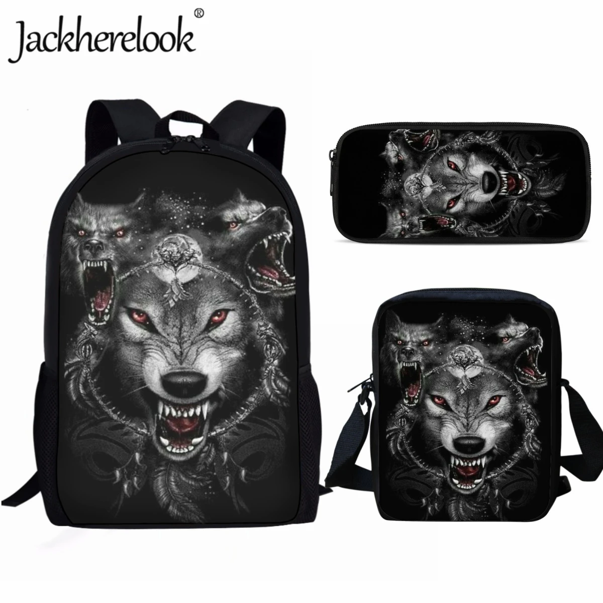 

Jackherelook Prestige Wolf Teenagers Trend School Bag 3pcs/Set Practical Travel Backpack for Girls Boys Sports Bags Knapsack