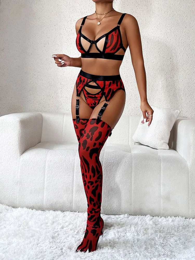 Lingerie de Leopardo com Meias, Cortar Sutiã Sensual, Conjuntos Eróticos Breves, Rendas Visuais, Roupa Interior Extravagante, Liga Íntima, 4 Pcs