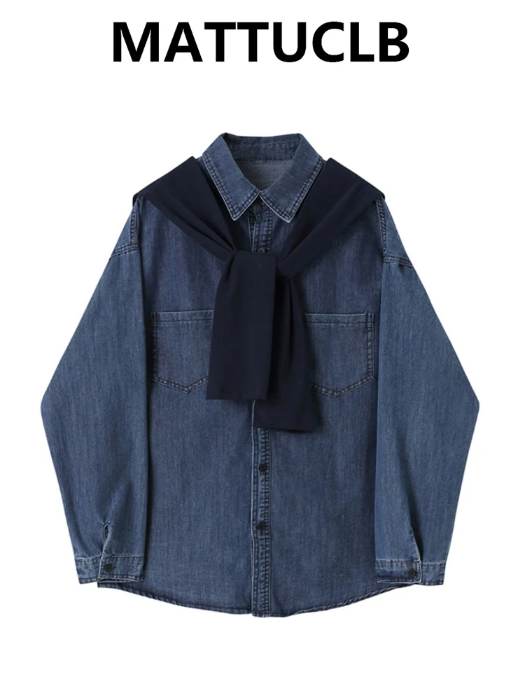 2025 Autumn Winter Women Vintage Denim Shirt Preppy Style Long Sleeve Blouse Cowboy Sailor Collar Tops 2000s Two Piece Sets