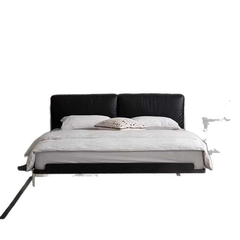 

Bauhaus black leather bed French retro solid wood double master bedroom first layer cowhide soft bag stainless steel bed