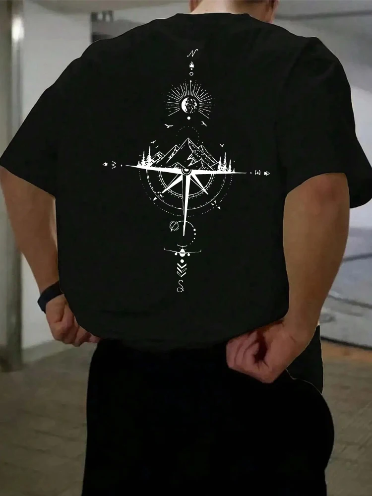 

Compass Pattern Printed T-shirt Men Summer Sweat-absorbing Breathable Comfortable Top Outdoor Short Sleeve Trendy Men's Clothing