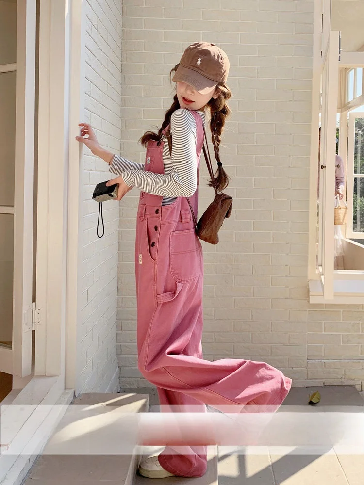 

Pink Casual Denim Overalls Women's Spring Autumn New Korean Sle Super Beautiful Sweet Anti-Aging Wide Leg Jumpsuit