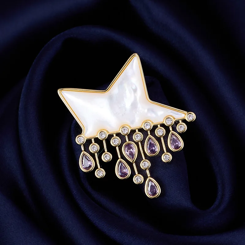 Chinese Style Lucky Auspicious Natural Mother Of Pearl Star Tassel Brooch Elegant Luxury Clothing Accessory For Women Party Gift