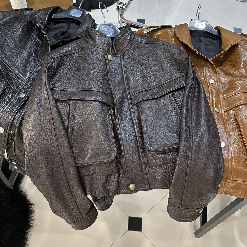 YOLOAgain 2025 Autumn New Suede Bomber Jacket Coat Women Real Sheepskin Grained Leather Jacket Ladies