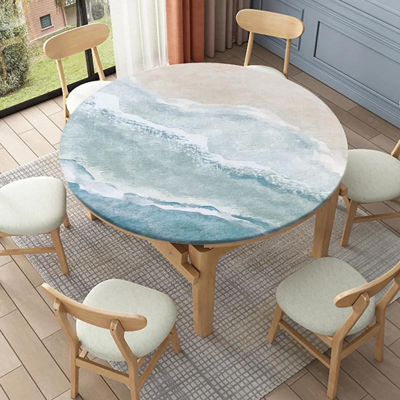 

Summer Ocean Round Fitted Tablecloth Beach Seaside Waterproof Table Cover Coastal Waves Elastic Edged for Kitchen Picnic Outdoor