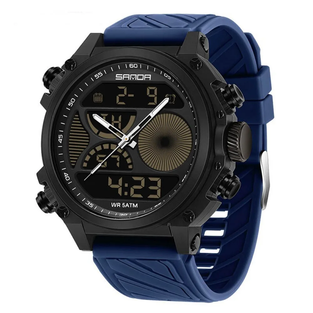 

Waterproof Men's Quartz Watch Noctilucent Dual Display Sports Electronic Watch Silicone Strap Big Dial Noctilucent Wristwatch