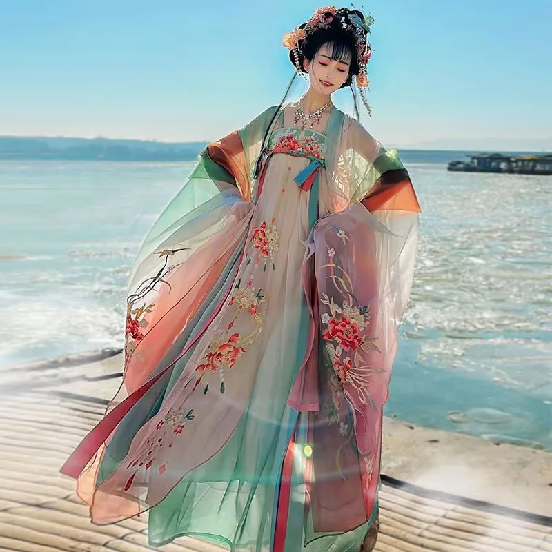 

Elegant Hanfu Dress For Women Chinese Style Retro Embroidery Fairy Orange Green Hanfu Cosplay Party Dance Performance Costume