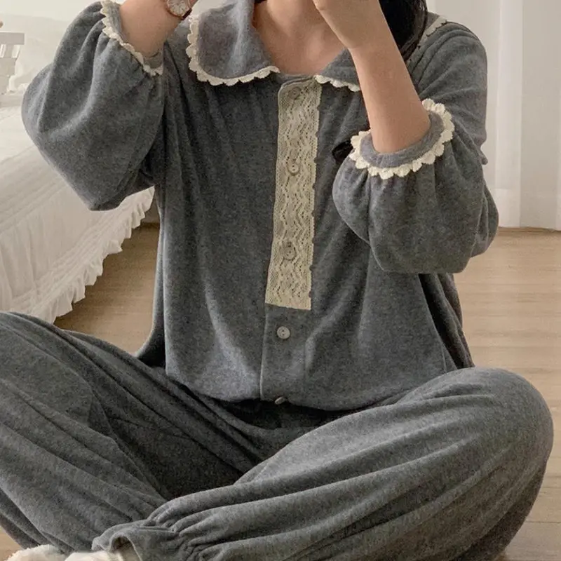 

Корейские зимние милые кружевные женские пижамы с маленькими лацканами, милая и носимая домашняя одежда, пижамы для женщин