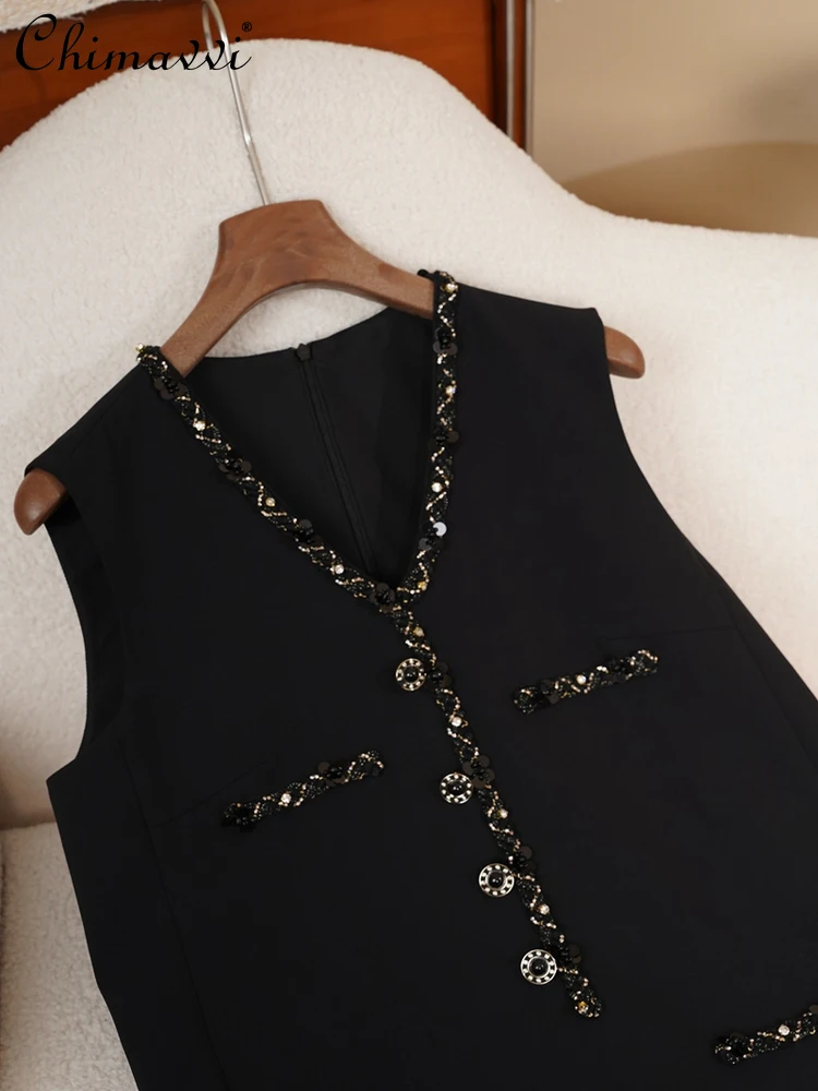 Vestido de viajero negro elegante con cuello en V Retro francés, ropa de otoño 2025, nueva moda, vestido corto sin mangas para fiesta para mujer