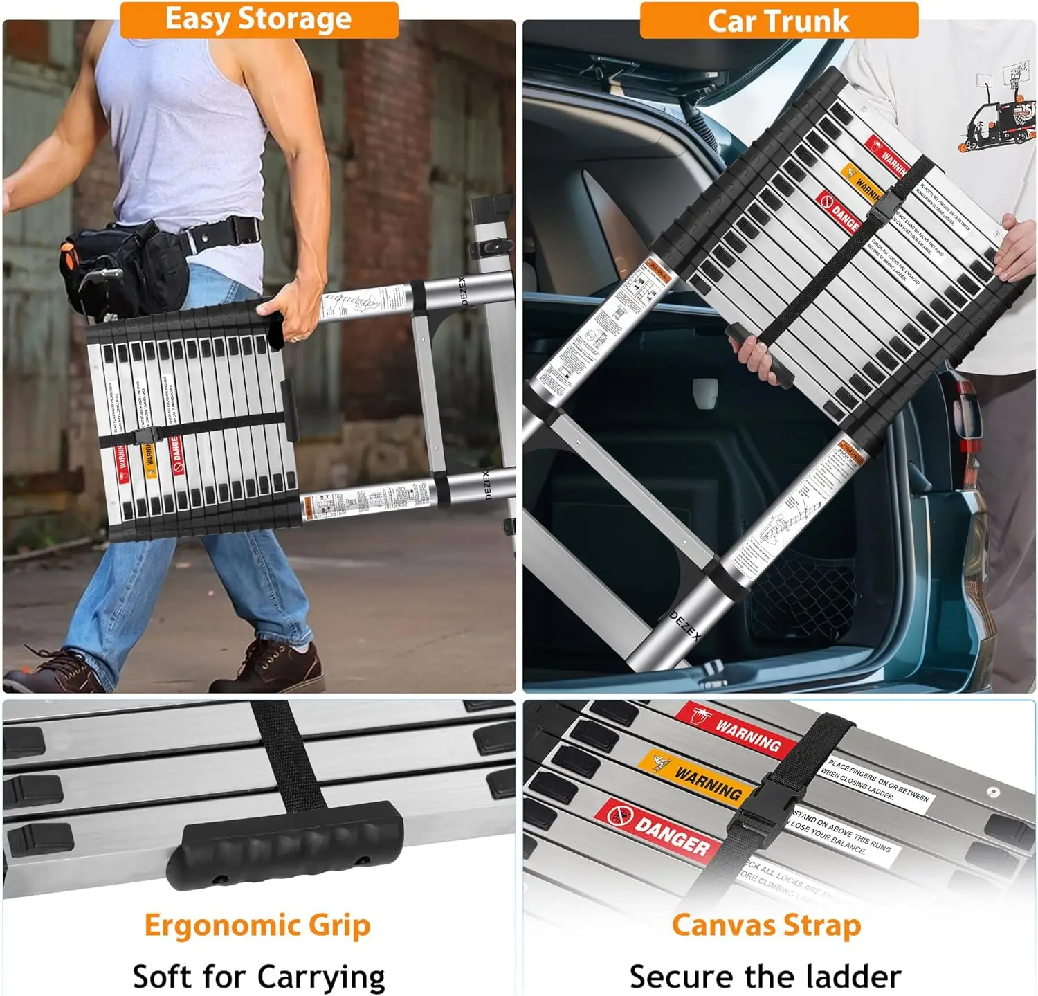 Ladders Stainless Steel Telescopic Ladder - Multi-Button Retraction Collapsible Ladder for Home,RV,Loft, Lasts 375 LBS with 2 Tr