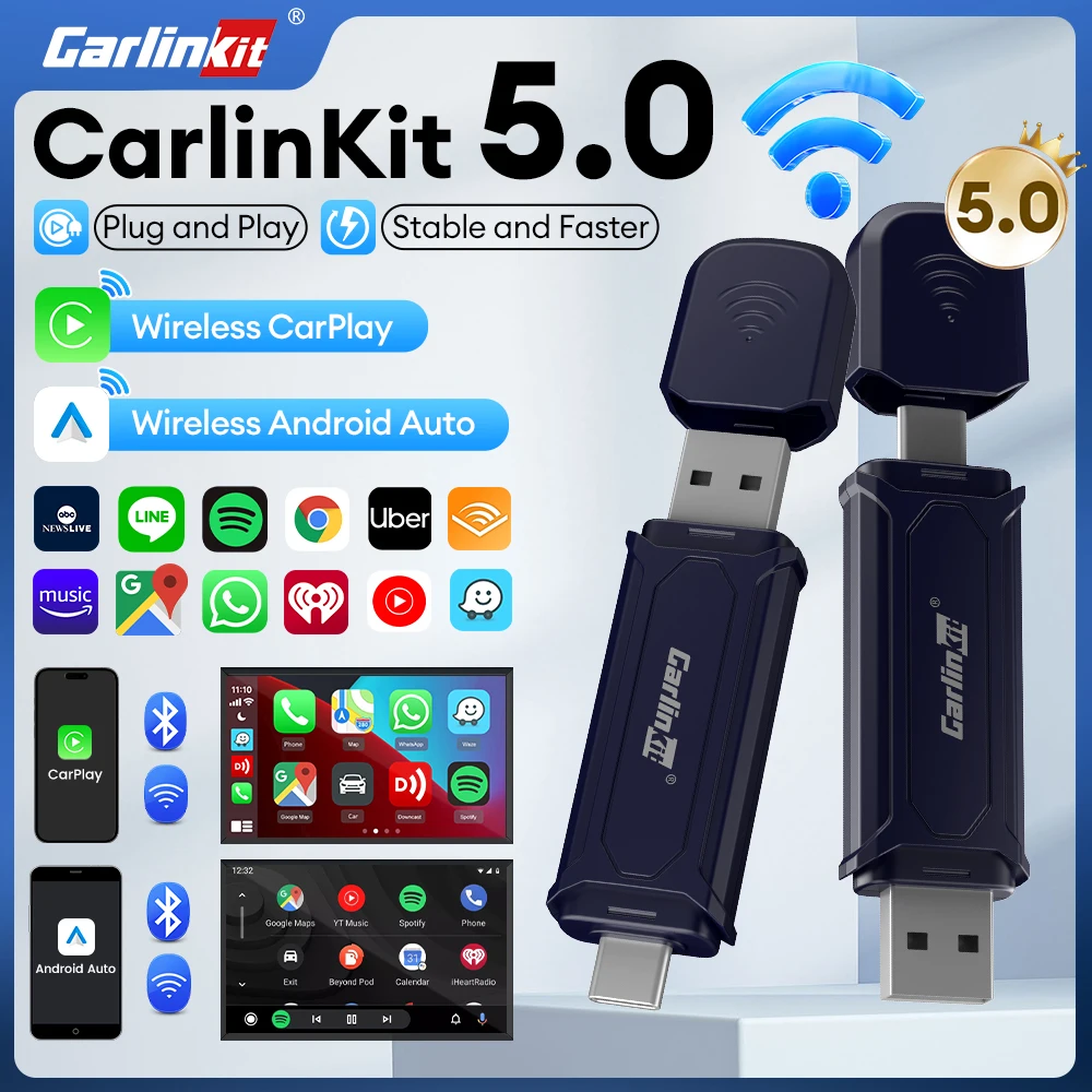 CarlinKit 2025 MINI 5 PRO Wireless CarPlay&Android Auto Wireless Adapter 2in1 Stable&Fast-Connect USB Dongle Car tools A/C ports