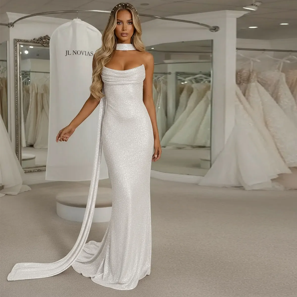 

Romantic Sparkly Mermaid Wedding Dresses With Scraf 2025 Sheath Strapless Bridal Party Gown For Bride Vestidos Novia